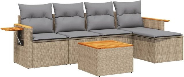 vidaXL 6-teilige Garten-Sofagarnitur aus Poly-Rattan und Akazienholz in Beige mit Kissen - Bild 1