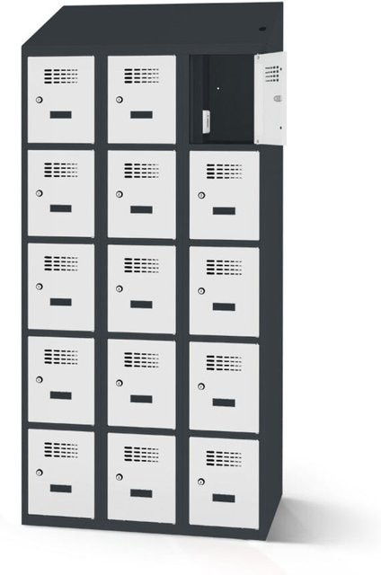 rotstahl Fächerschrank mit 15 Fächern und Ladefunktion, Korpus Anthrazitgrau und Türen Hellgrau, B: 120 cm, H: 200 cm - Bild 1