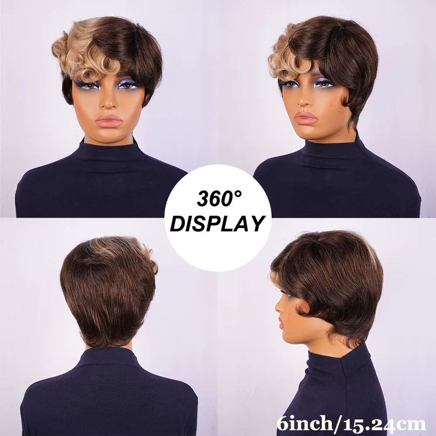 OYM HAIR Perücke, braun blonde lockige Pixie-Perücke, Echthaar, Damen - Bild 5
