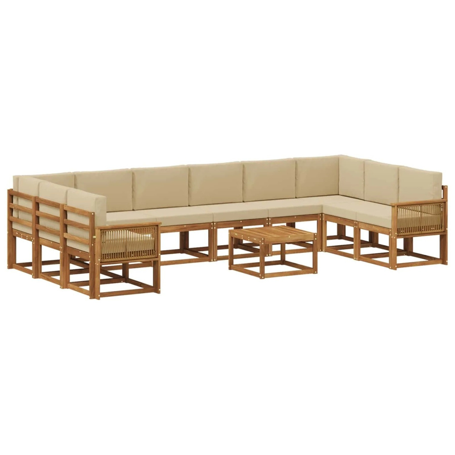 vidaXL Outdoor-Sofagarnitur aus Massivholz Akazie in Natur und Beige, 11-teiliges L-Shape Set mit Polstern und Armlehnen - Bild 2