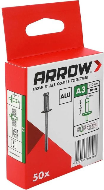 Arrow Blindniete aus Aluminium Ø 3 mm x 8 mm, 50 Stück, Silber/Grau - Bild 1
