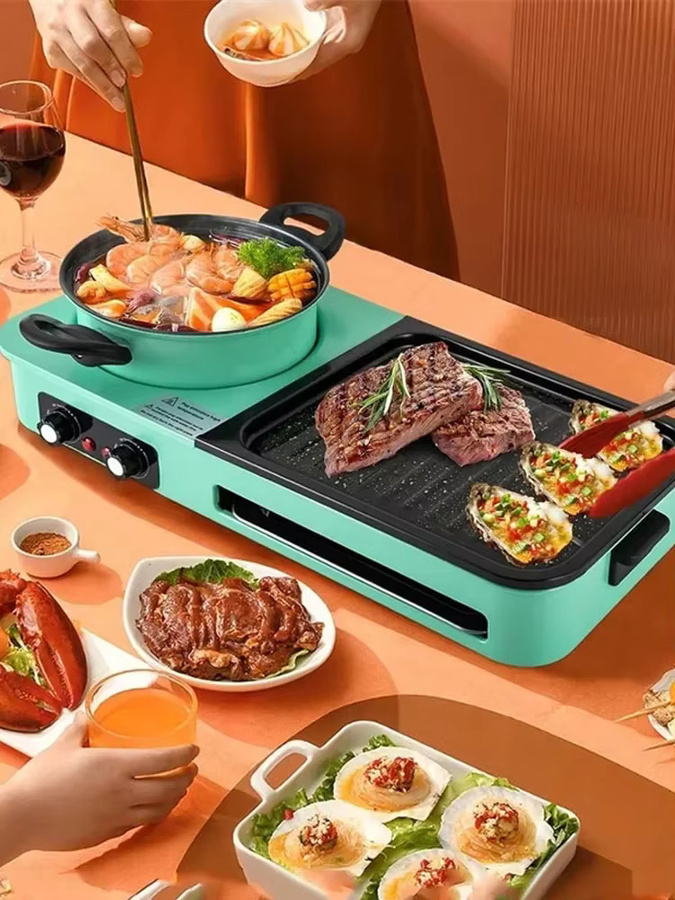 BALASHOV 3-in-1 Multikocher Elektrischer Grill Hot Pot und rauchfreier Grill in Grün mit antihaftbeschichteter Schüssel - Bild 5
