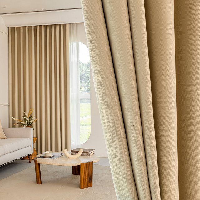 CENTURyMiG Verdunkelungsvorhang aus Chenille in Beige mit Wellenmuster und Eisenringen zur Geräuschreduzierung und Isolierung - Bild 1
