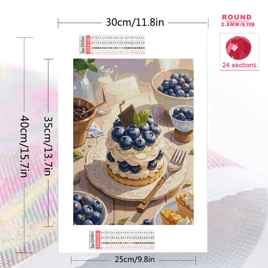 Momoart Diamantmalerei DIY Bild Blaubeeren Kuchen Motiv in Blau und Multicolour mit runden Strass-Steinen für Erwachsene - Bild 2