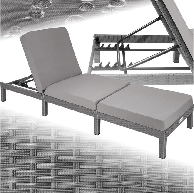 tectake Rattan Sonnenliege Grau mit verstellbarer Rückenlehne und wetterfestem Kissen B/T/H: 196 x 66 x 27 cm - Bild 1