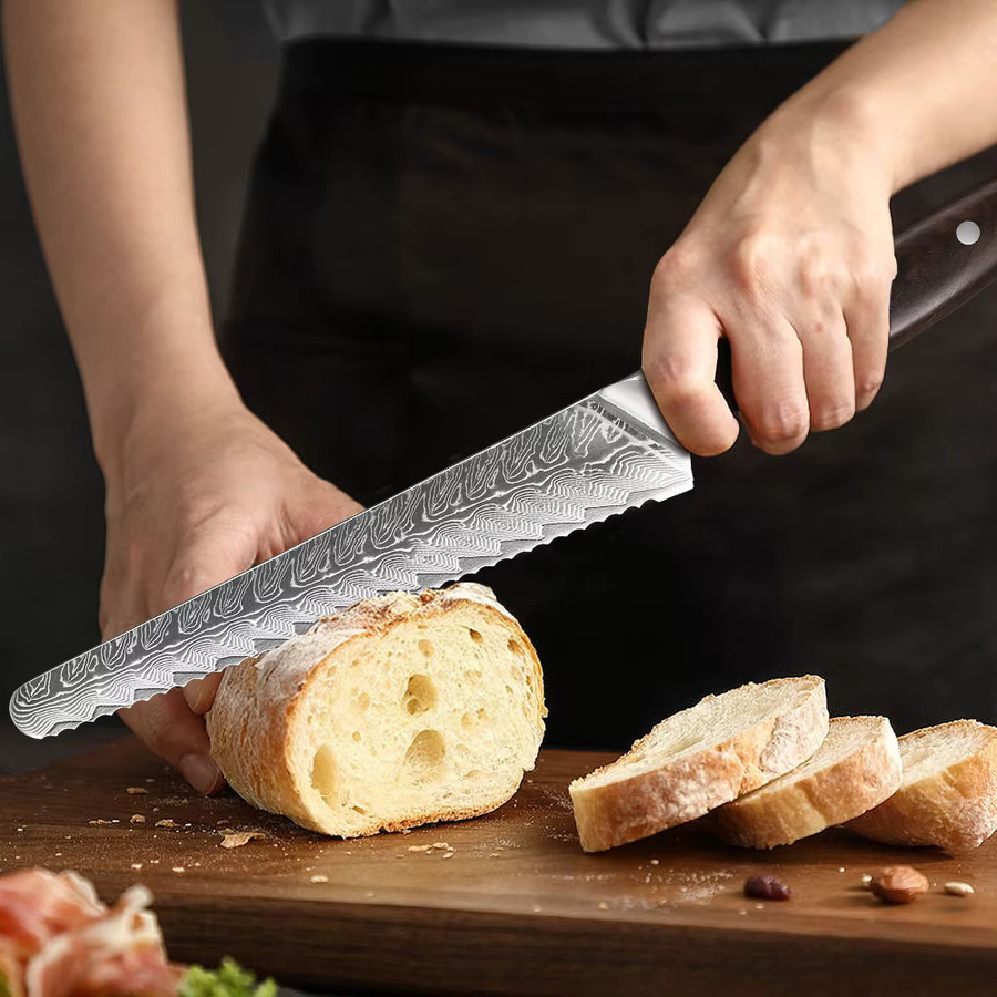 MOSTODOZO Brotmesser aus 67-lagigem Damaszener Stahl mit Holzgriff, 21,59 cm - Bild 4