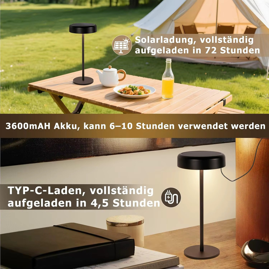 Dimmbare LED-Tischlampe in Schwarz mit Touch-Funktion, solarbetrieben und kabelloser USB-C-Aufladung, wasserdicht für Innen- und Außenbereich - Bild 6