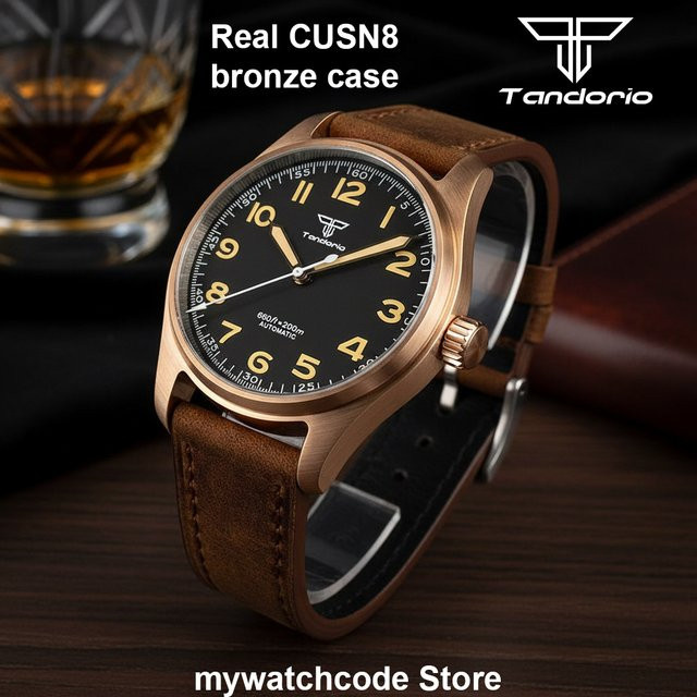 Tandorio Armbanduhr Bronze, Automatik, Leder, Schwarz, Herren - Bild 1