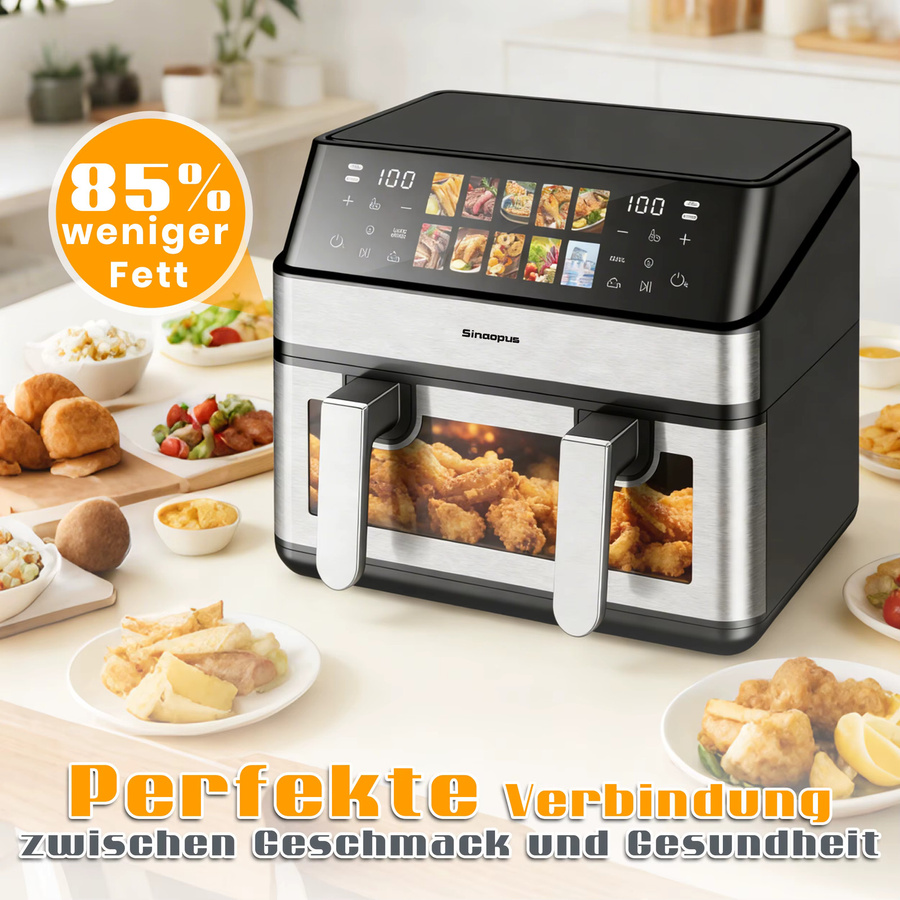 Sinaopus XXL Heißluftfritteuse 8,5 L mit Doppelkorb, 2000W und LED-Touch-Fenster, Ölfreier Ofen mit 10 Programmen - Bild 5