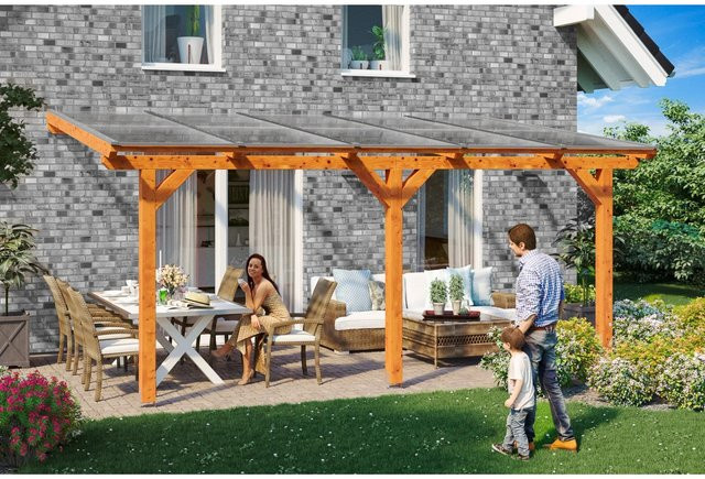 Skan Holz Terrassenüberdachung Bormio aus Leimholz in Eiche Hell, Breite: 541 cm, Tiefe: 350 cm - Bild 1