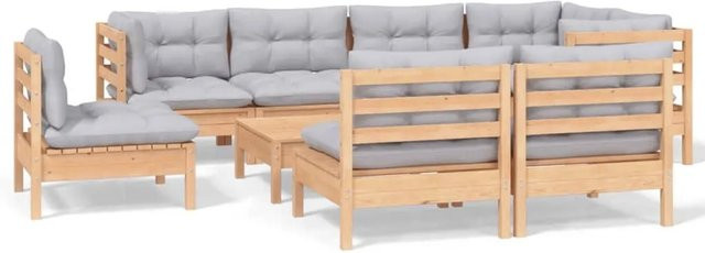 vidaXL 9-tlg. Garten-Lounge-Set aus massivem Kiefernholz in Braun-Grau mit grauen Polstern in U-Form - Bild 1