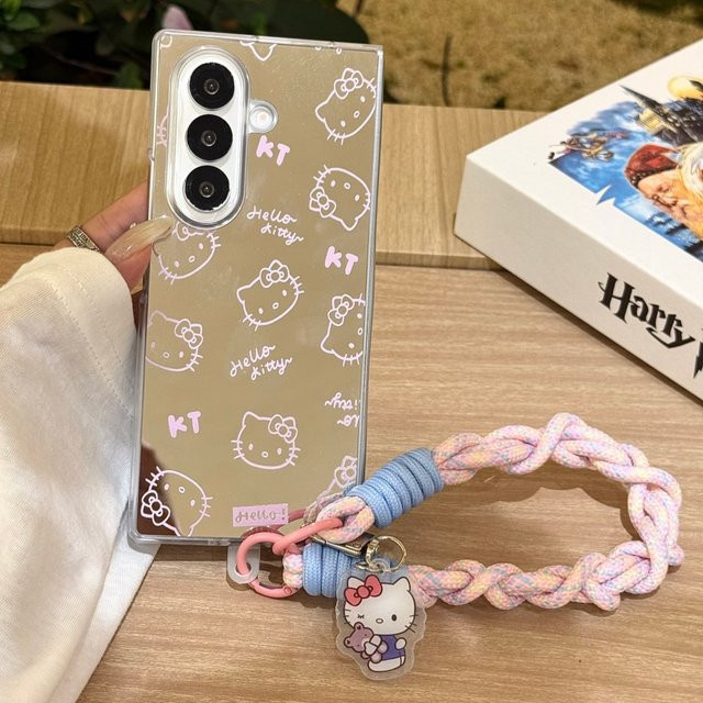 Hello Kitty Handyhülle mit Make-up-Spiegel und Kurzband für Samsung Galaxy Z Fold 7 6 5 4 3, stoßfeste Acryl Schutzhülle, mehrfarbig - Bild 1