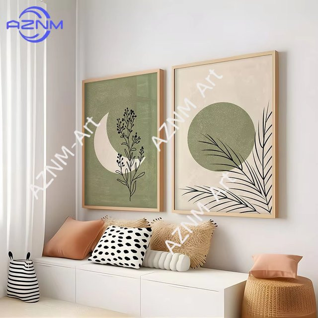 Potdemiel Bohemian Wandkunst Leinwandposter mit Pflanzen, Mond und Sonne in Grün und Beige - Bild 1