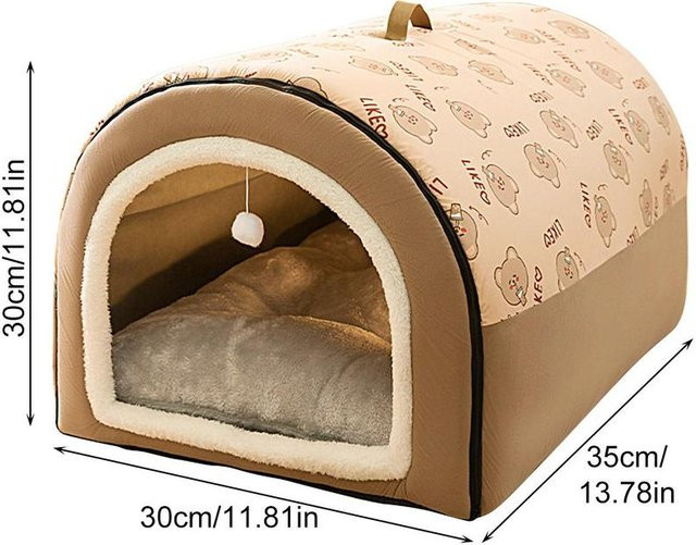 Pet Products My Hundehöhle 2 in 1 mit abnehmbarem Dach und Ballanhänger, gemütliches Katzen- und Hundebett in Beige - Bild 1