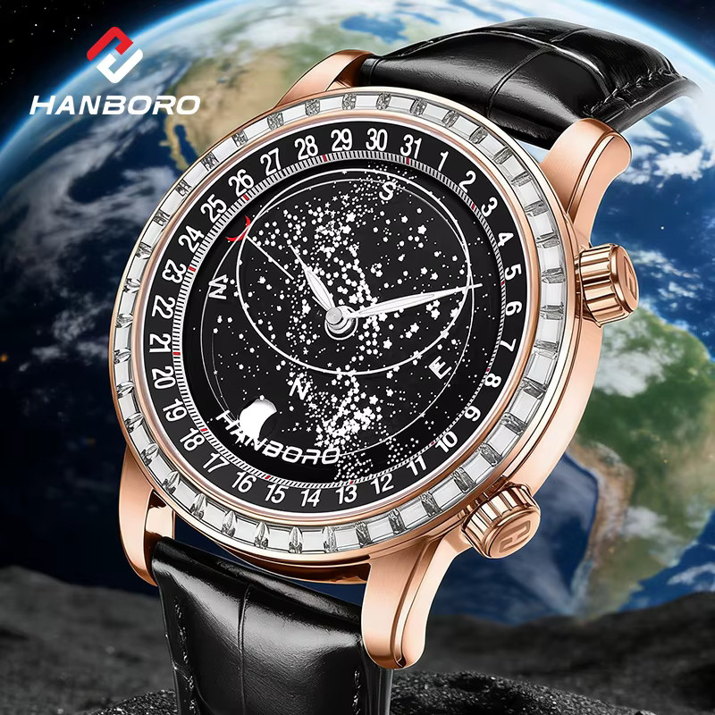 HANBORO Armbanduhr Automatik, Leder, Roségold, Schwarz, Herren - Bild 2