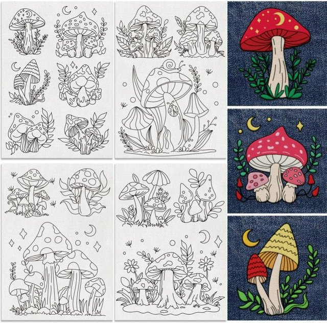 15 Stück wasserlösliche Stickerei-Aufkleber mit Pilz- und Pflanzen-Motiven, B: 21,1 cm x H: 29,7 cm - Bild 1