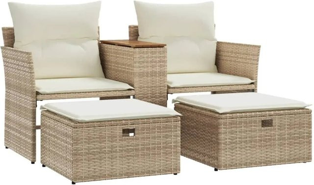 vidaXL Gartensofa 2-Sitzer mit Hockern aus Poly Rattan und Akazienholz in Beige - Bild 1
