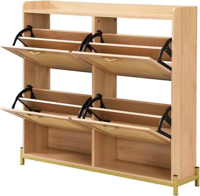 PXloue Schuhkommode in Holzoptik mit 4 Türen, schmaler Schuhschrank in Braun, Höhe: 108,5 cm, Breite: 100 cm, Tiefe: 24 cm - Bild 1