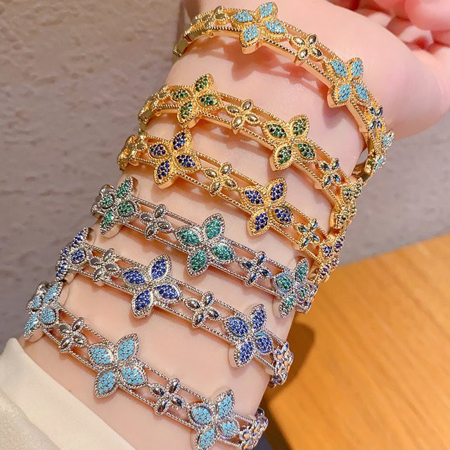 LISHAYUNXI Armreif, Kleeblatt-Design, Zirkonia, Offenes Blumen-Armband - Bild 1