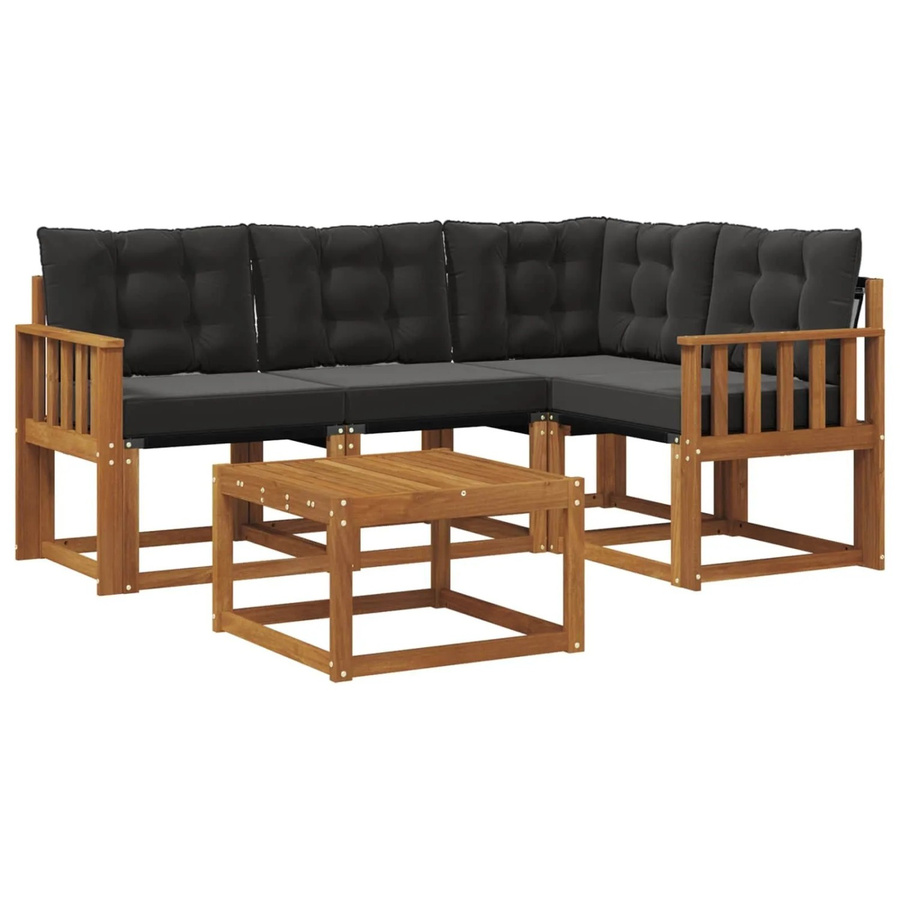 vidaXL Outdoor-Sofagarnitur aus Akazienholz in L-Form mit Kissen und Couchtisch, 5-teiliges Set, Braun und Schwarz - Bild 2