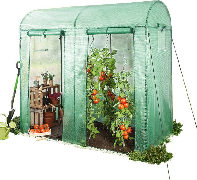 Powertec Garden Tomatengewächshaus in Grün mit 2 Toren, 4 Fenstern, Fliegengittern und UV-beständiger Folie, B/T/H: 200 x 100 x 150/180 cm - Bild 1