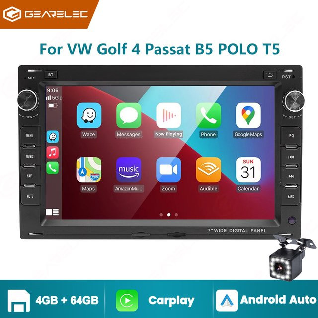 Gearelec Android 14 Autoradio mit 7 Zoll Display für Volkswagen VW Passat Golf Polo Bora T5, Multimediaplayer mit GPS, WLAN und AUX-Eingang, Schwarz - Bild 1