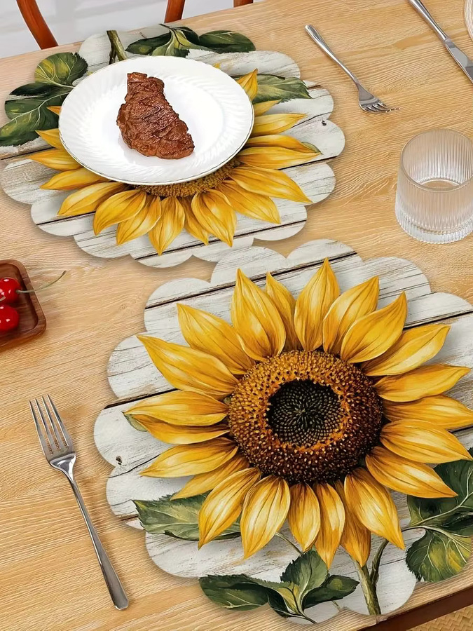 VIKAMA 4er Set runde Tischsets mit Sonnenblumen-Design in Gelb aus Vinyl im Landhausstil - Bild 4