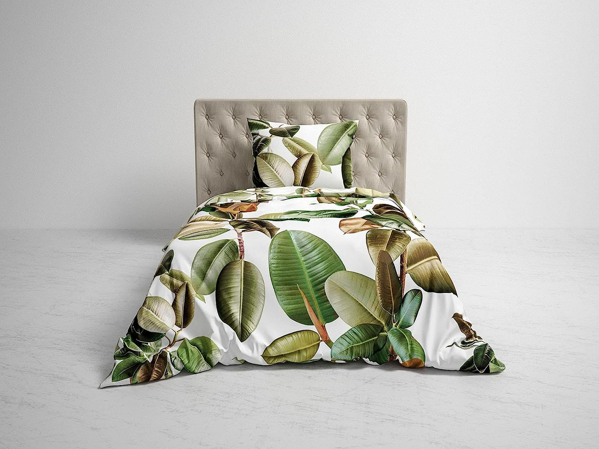 Heckett & Lane GOTS Twill Bettwäsche Bladel Leaf mit Gummibaum-Blättermuster in Grün und Weiß, Set bestehend aus Bettbezug (Breite: 155 cm, Länge: 220 cm) und Kissenbezug (80 x 80 cm) - Bild 1