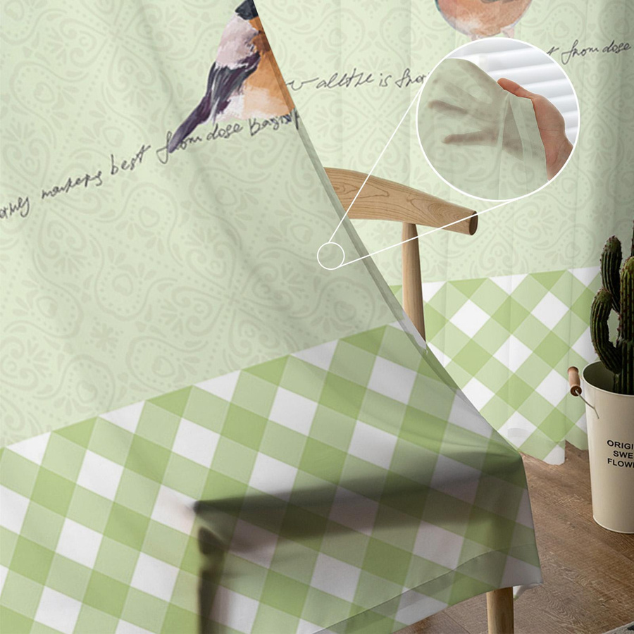 Transparente Tüll-Voile-Vorhänge mit grünem Vogel-Aquarell-Motiv für Wohnzimmer und Küche, Breite: 135 cm, Höhe: 115 cm - Bild 2