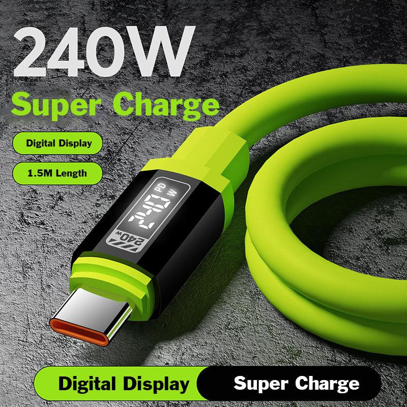 AlongChoice Schnellladekabel mit Digital Display Typ-C auf Typ-C 240W 6A und Typ-C auf 8Pin Lightning für iPhone 16 Pro, Grün, Länge: 1,5 m - Bild 6