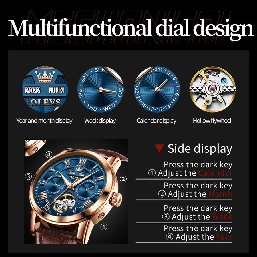 OLEVS Armbanduhr Automatik, Leder, Edelstahl, Bicolor, Herren - Bild 5