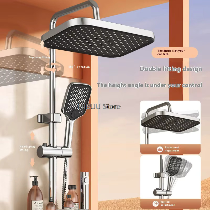 FIIBUU Multifunktions-Duschset mit großem quadratischem Duschkopf und Druckwasser-Massage-Funktion in Schwarz und Silber - Bild 3