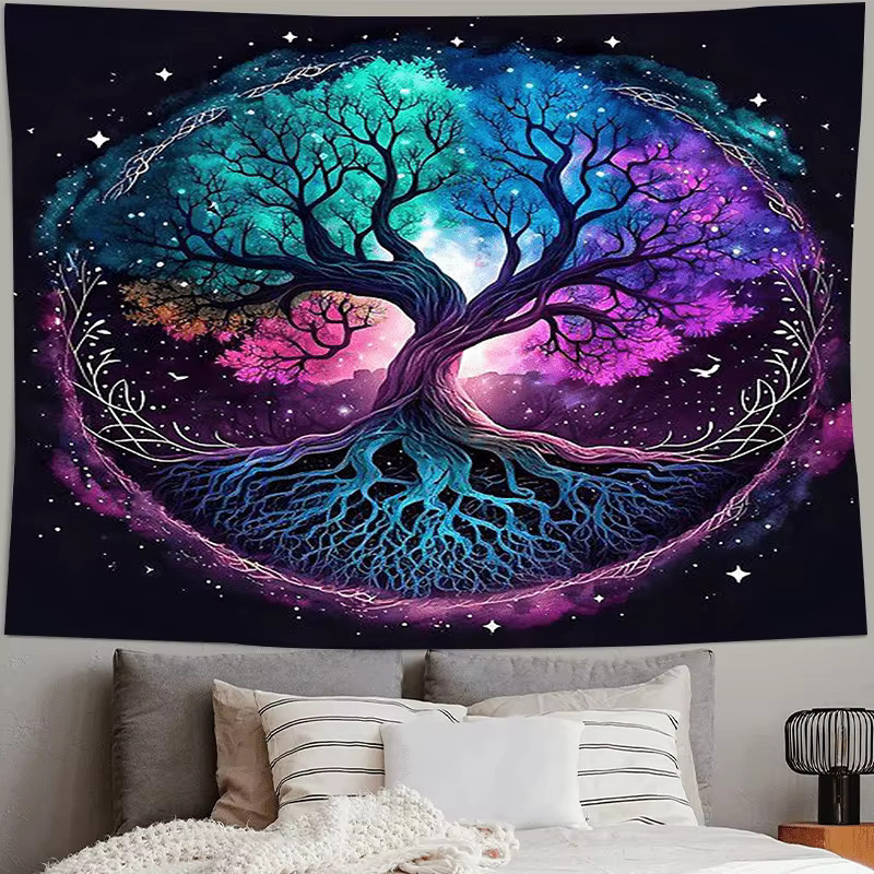 VIKAMA Wandteppich Baum des Lebens mit Sternenhimmel und Nebel im nordischen Stil, Mehrfarbig, B/H: 75 x 58 cm - Bild 3