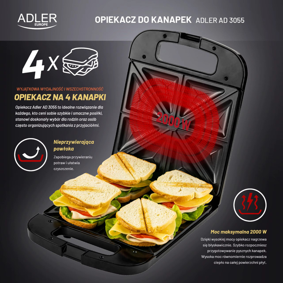 Adler Toaster AD 3055 XXL in Schwarz mit 2000 W Leistung, Antihaftbeschichtung und Platz für 4 Sandwiches - Bild 3