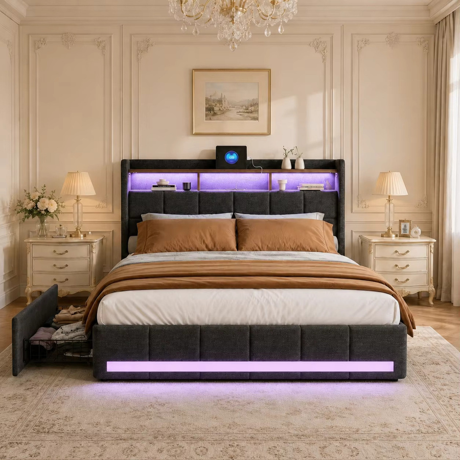 Multifunktionales Doppelbettgestell HYNHXBP aus Leinen in Grau mit LED-Beleuchtung, USB-Ladestation und Aufbewahrungsschubladen, B/T/H: 160 x 200 cm - Bild 6