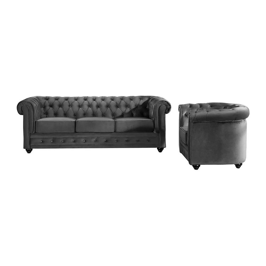 Vente-unique Chesterfield Couchgarnitur aus Samt mit 3-Sitzer-Sofa und Sessel in Anthrazitgrau, Breite: 205 cm, Tiefe: 82 cm - Bild 2
