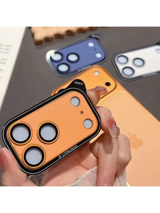 Panzer-Kameraobjektivschutz für iPhone 17 Pro Max in Orange mit Leder-Textur und AR-Beschichtung als Metall-Panzerschutzfolie zur vollständigen Objektivabdeckung - Bild 6
