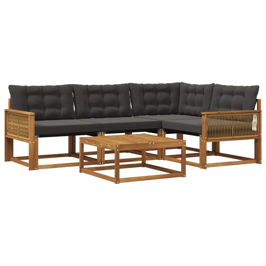 vidaXL Outdoor-Sofagarnitur L-Form aus massivem Akazienholz mit Textilene und 5 Kissen in Schwarz und Natur - Bild 2