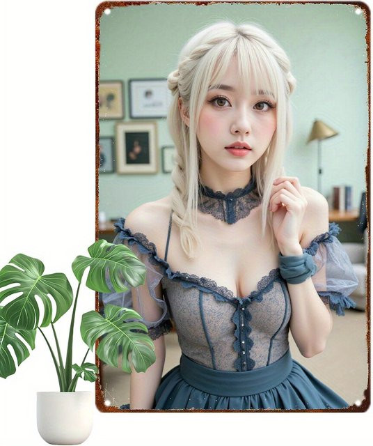 CIFBUY Anime Metallschild Retro Blaues Kleid Blondes Mädchen Wandkunst Deko, Breite: 20,32 cm, Höhe: 30,0 cm - Bild 1