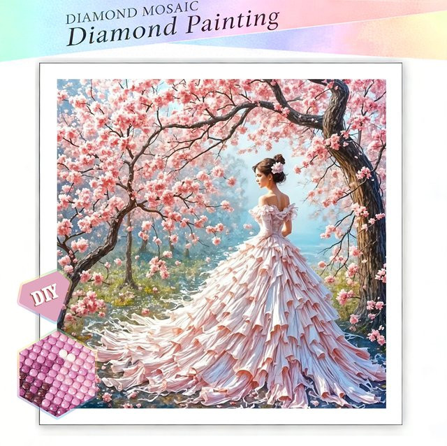 EverShine Diamond Painting Set Frau im Kleid mit Kirschblütenbaum als 5D Vollbohr-Stickerei Porträt Mosaik in Multicolour, B/H: 20 x 20 cm - Bild 1