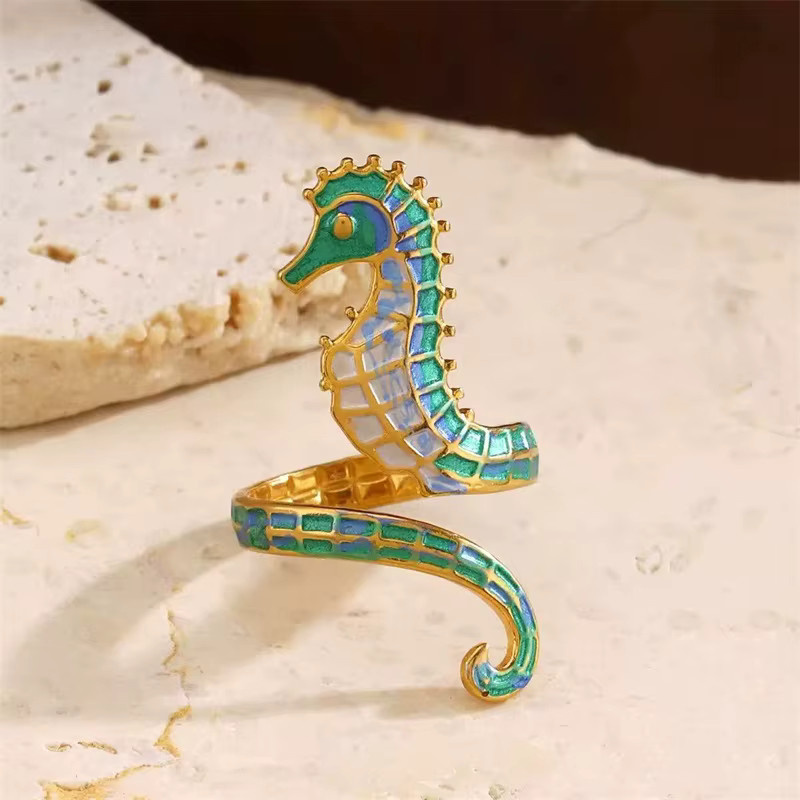EILIECK Ring Edelstahl, Emaille Seepferdchen, Gold, Damen - Bild 4