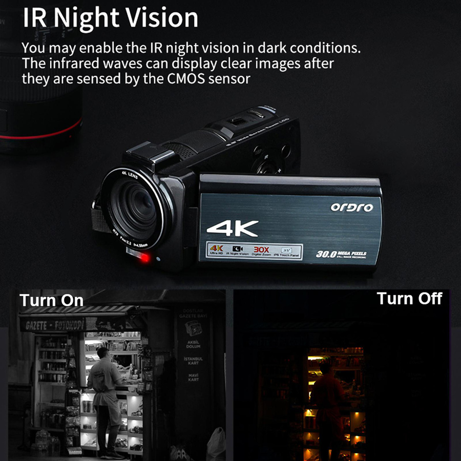 ORDRO HDR-AX10 4K Digitale Videokamera mit WiFi, 30MP Camcorder und 3,5 Zoll IPS Touch Panel in Schwarz - Bild 8