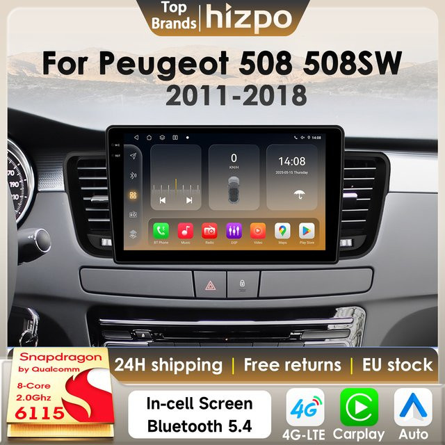 Hizpo CarPlay Android Auto Autoradio für Peugeot 508 und 508SW (2011-2018) mit GPS, 4G, DSP, RDS und 360-Grad-Kamera in Schwarz mit Snapdragon 6115 Prozessor - Bild 1