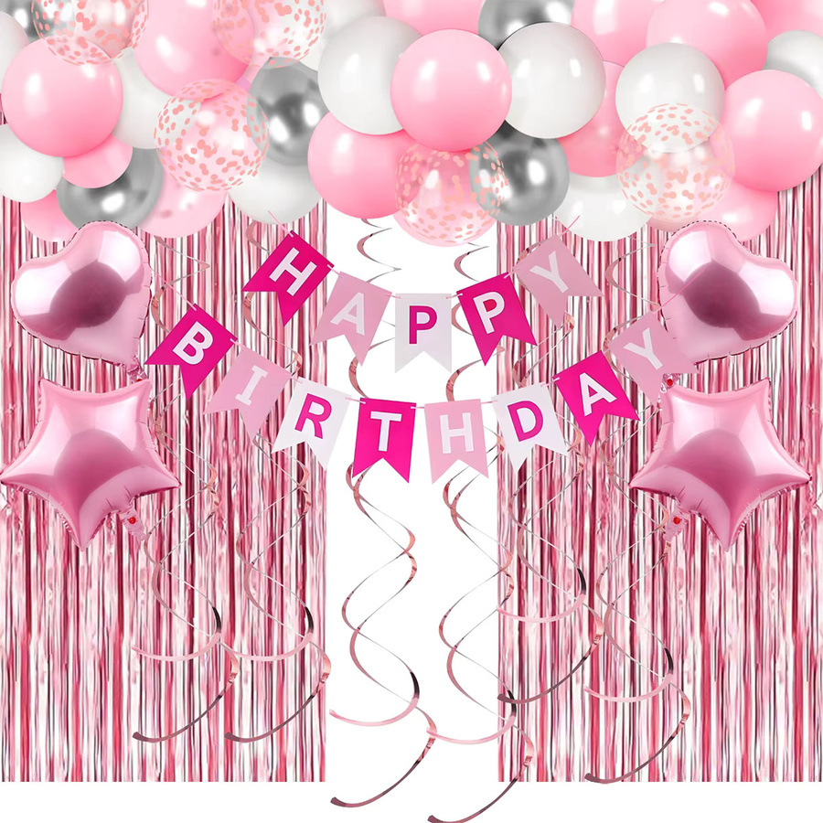 PATIMATE Party Dekoration Set 50 Teile in Rose Gold und Pink mit Alles Gute Zum Geburtstag Schriftzug, Metallic Folienballons und Lametta Vorhang für deine Geburtstagsparty - Bild 3