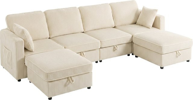 HOMCOM Modulares U-Ecksofa 4-Sitzer mit 2 Aufbewahrungs-Poufs aus Cordvelours in Creme, Breite: 306 cm - Bild 1