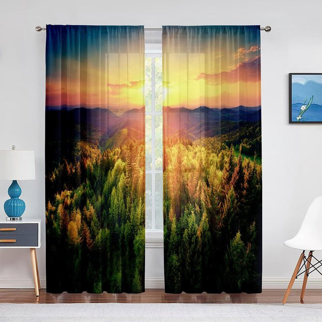 Super Six Transparenter Voile Vorhang Wald Motiv in Natur Grün, Tüll Vorhang mit Ösen, Breite: 100 cm, Höhe: 250 cm - Bild 1