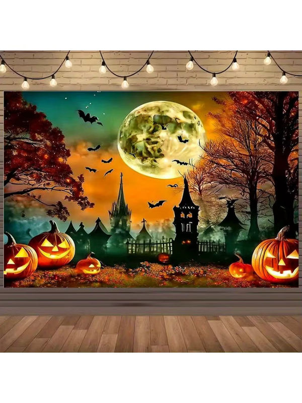 sjs Halloween 2D Hintergrund Dekoration mit Jack-O'-Lantern, Fledermäusen, Vollmond und Herbstbäumen, mehrfarbig, rechteckig - Bild 7