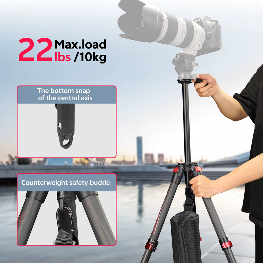 Manbily PH-10 Kohlefaser-Stativ für Mobiltelefone und DSLR-Kameras, 25-mm-Rohr, max. Belastbarkeit 10 kg, Schwarz/Grau - Bild 4