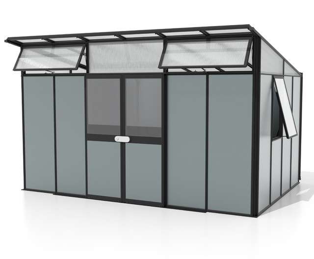 Vitavia Gerätehaus Kosmos mit Pultdach aus Alu-Sandwichpaneelen in Schwarz und Salbeigrün, 11,5 m² - Bild 1