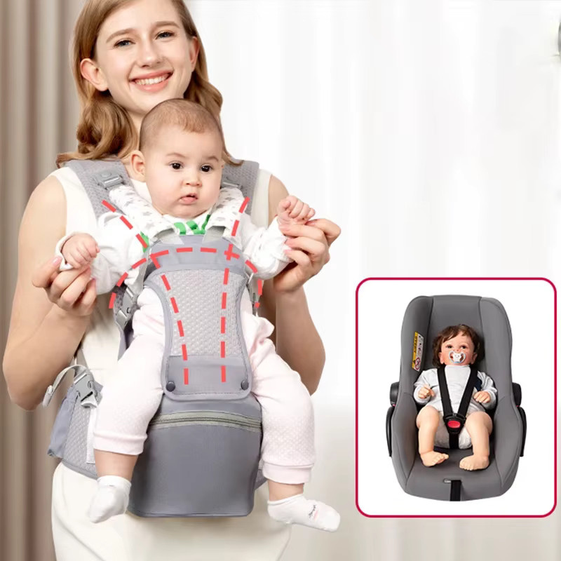 Ergonomische Babytrage mit Hüftsitz für Neugeborene und Säuglinge als Rückentrage oder Känguru für vorne in Blau und Grau - Bild 2